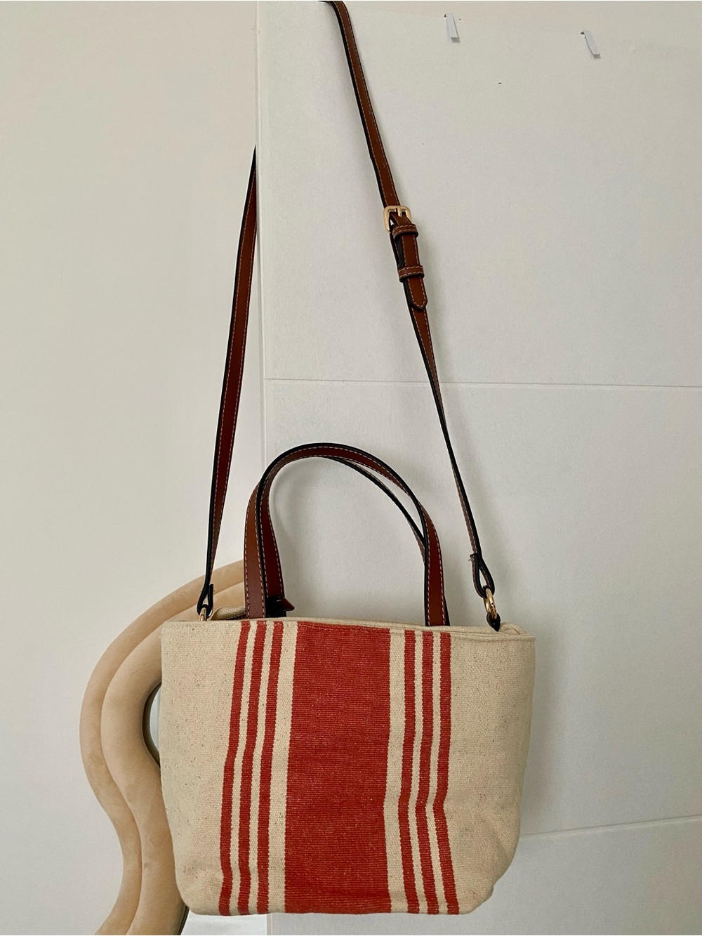 Zara Canvas Small Tote Bag with Red Stripe and Brown Faux Leather Handles